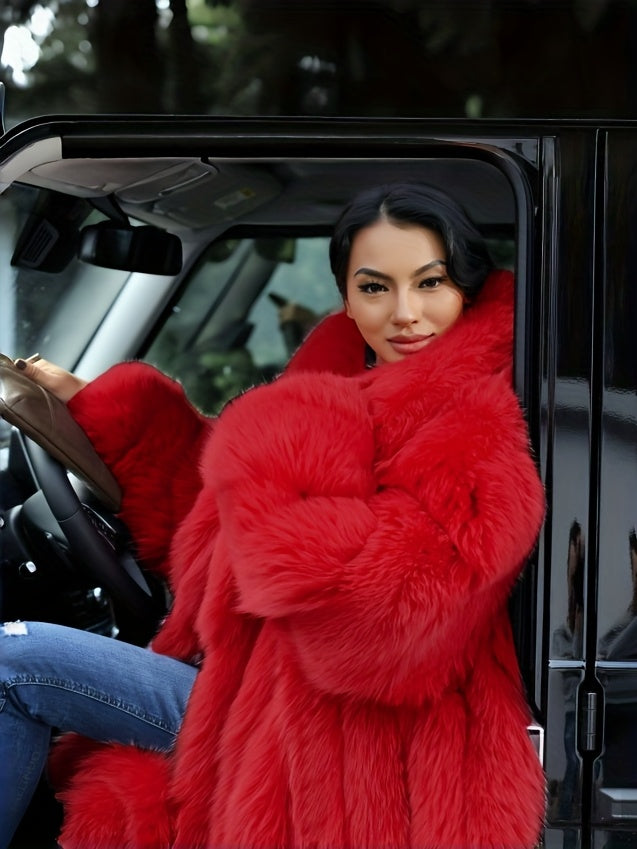 Plus Size - Plus Size Long Faux Rabbit Coat for Women | Stylish and Casual with Elegant Vibe, Non-Stretch Fabric, Lapel Collar, Solid Color, Regular Sleeve, Long Length, Fall/Winter Season