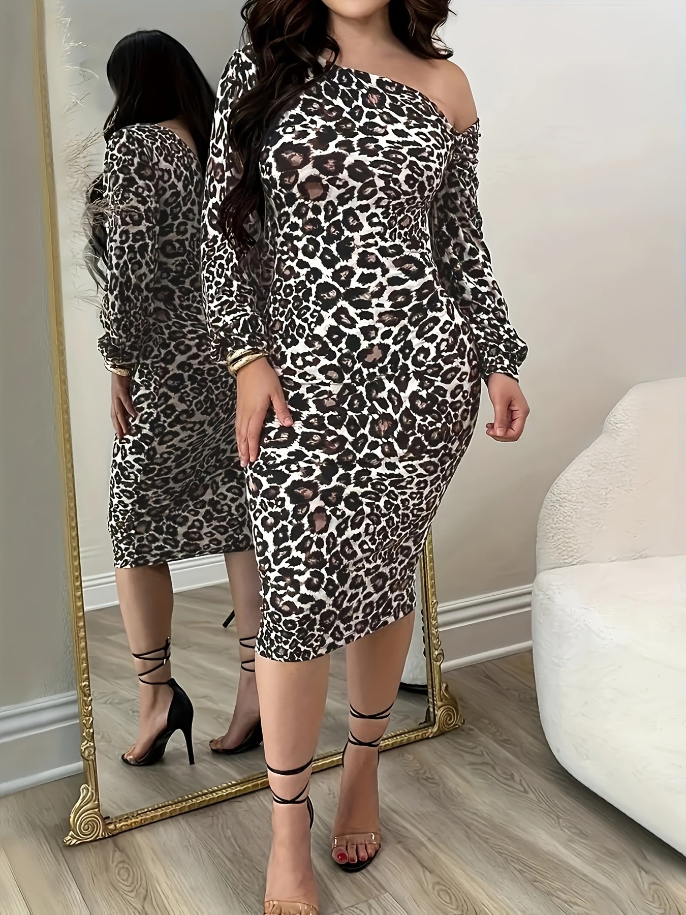 Long Sleeve Mid-Length Polyester Women's Elegant Knit Leopard Print Off-Shoulder Dress, All-Season, Adult Fit, No Belt