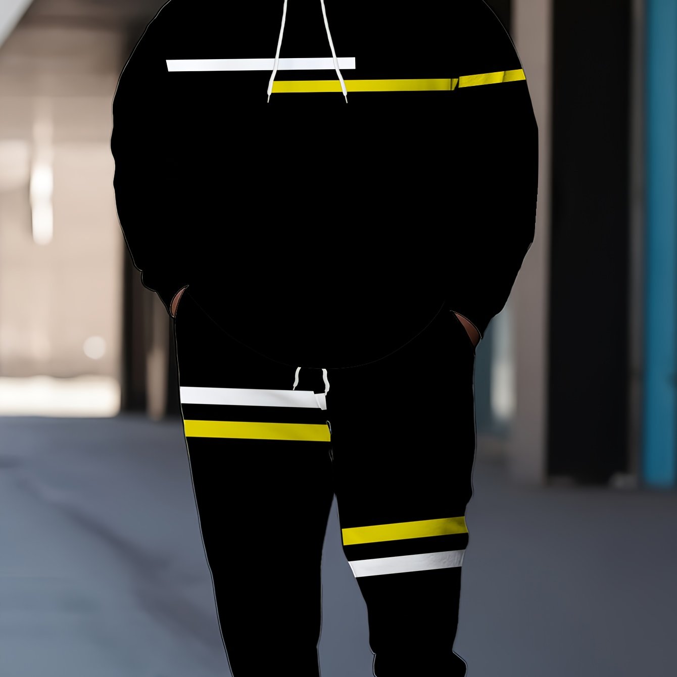 Men's Plus Size 6XL Full-Body Black Striped Matching Tracksuit - 2pcs Oversized Hoodie & Sweatpants Set, Breathable Machine-Washable Fabric for Gym,, Lounge & Casual Wear - Matching Outfit for Big & Tall Men (Comfortable), PL