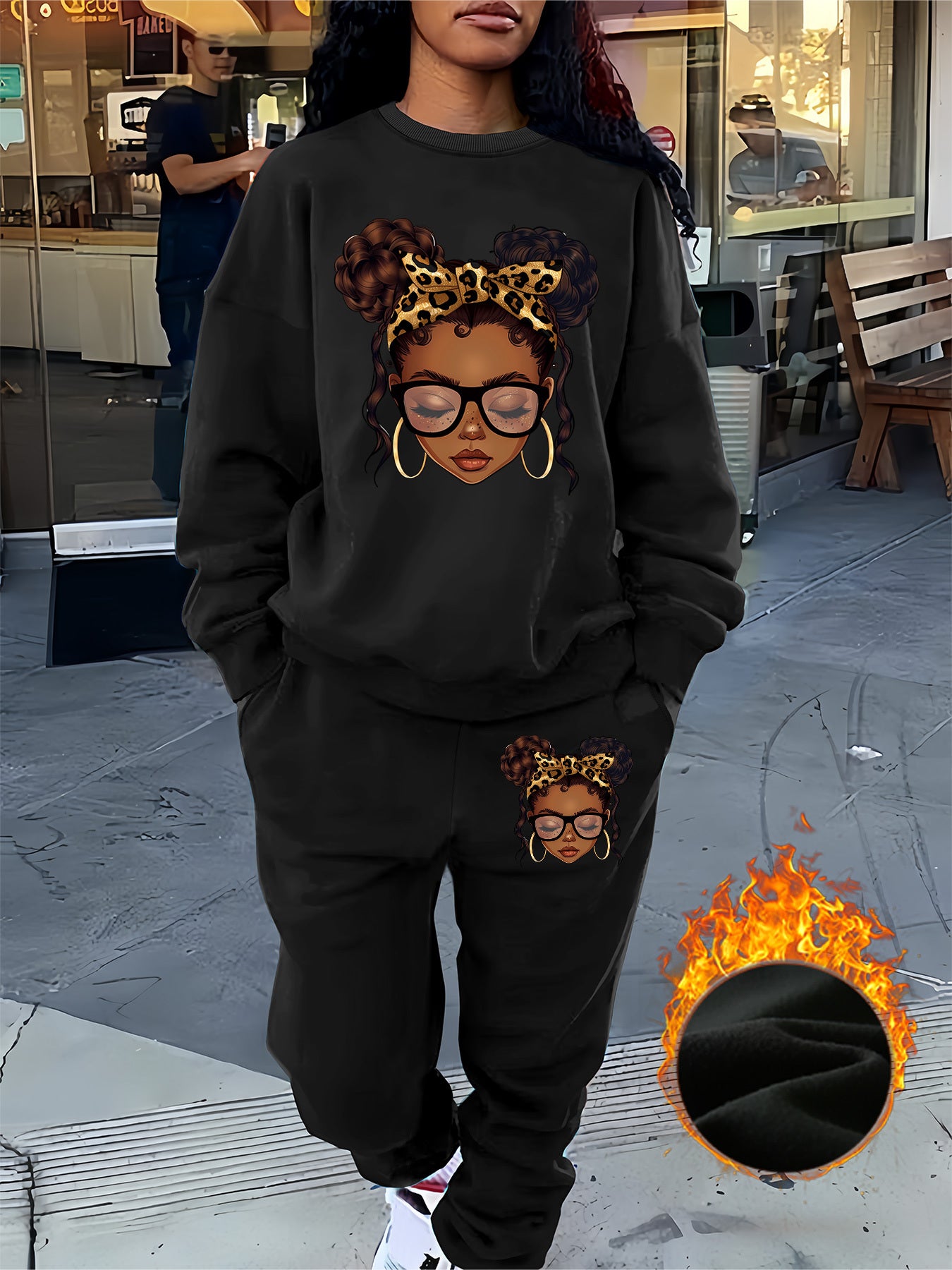 Graphic Print Two Piece Set, Crew Neck Sweatshirt & Pants, Women's Clothing