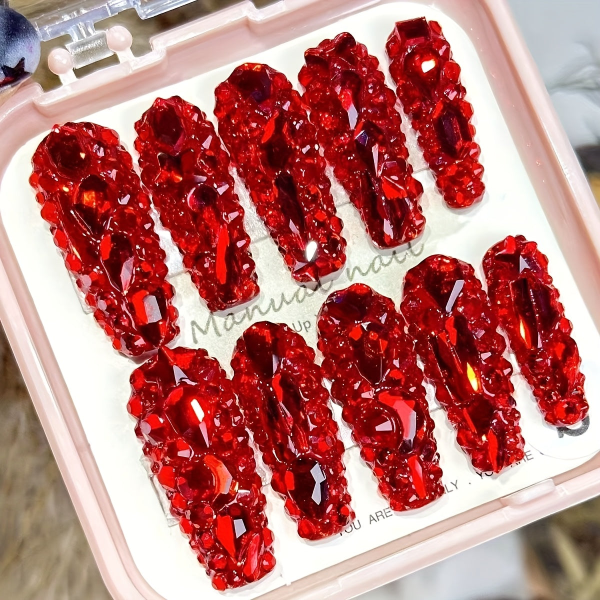 Set of 10 Red Burst Flash Rhinestones, Adorned with Diamonds, Featuring a Trapezoid Shape in a Spice -Inspired Handmade Design, Durable And High-Quality for Removable Nail Art.