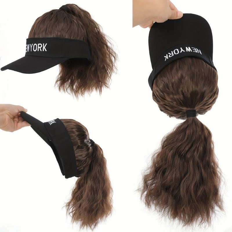 [Adjustable Baseball Cap] 1pc Adjustable Black Baseball Cap - Women's Synthetic Hair Visor Hat with Detachable Ponytail for Outdoor Sports and Fashion
