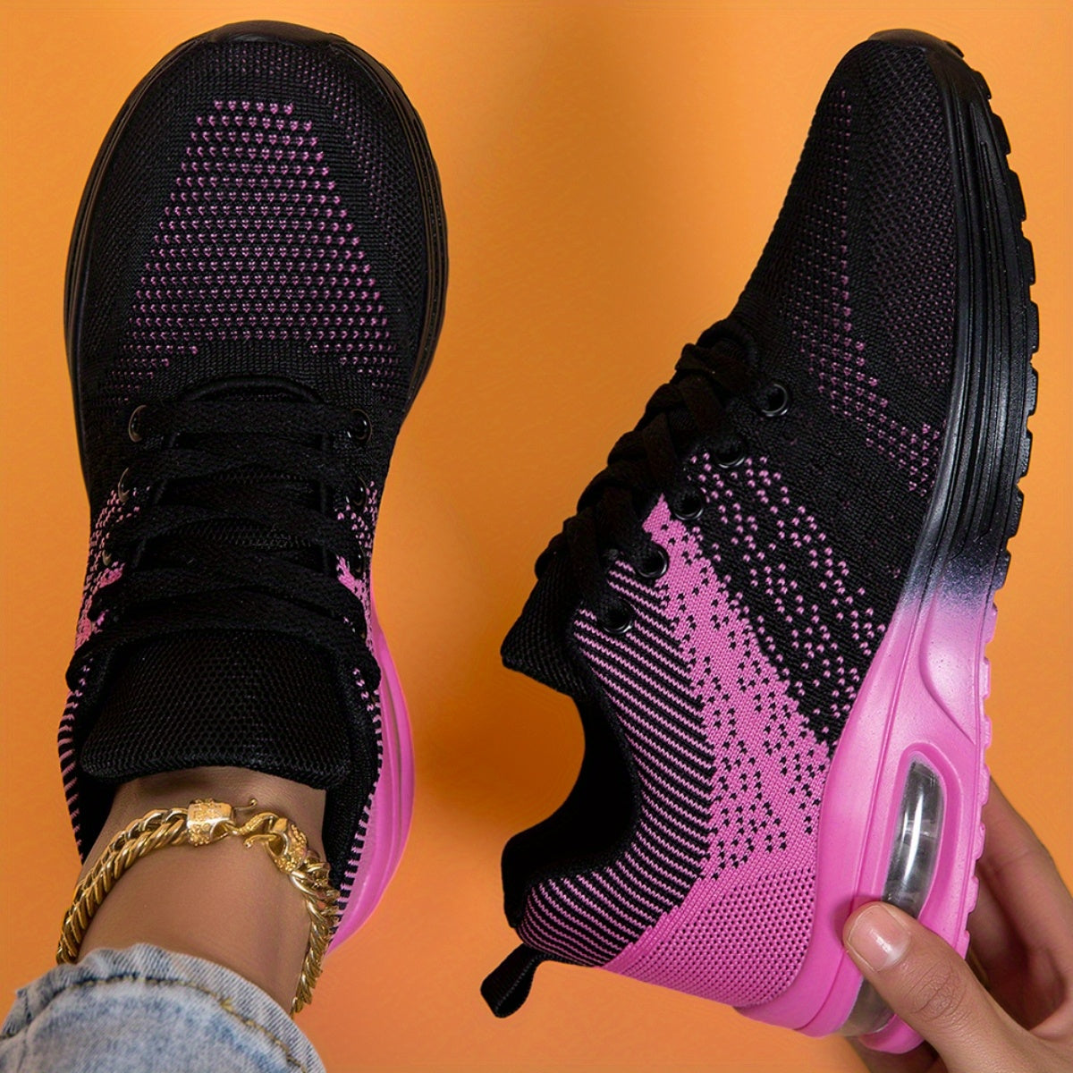 Women's Breathable Mesh Athletic Sneakers - Black & Pink Gradient Design, Air-Cushioned Comfort Sole, All-Season Stability Support, Soft PU Outsole, Fabric Lining, Round Toe Style, Allseason Sneakers | Vibrant Gradient Design