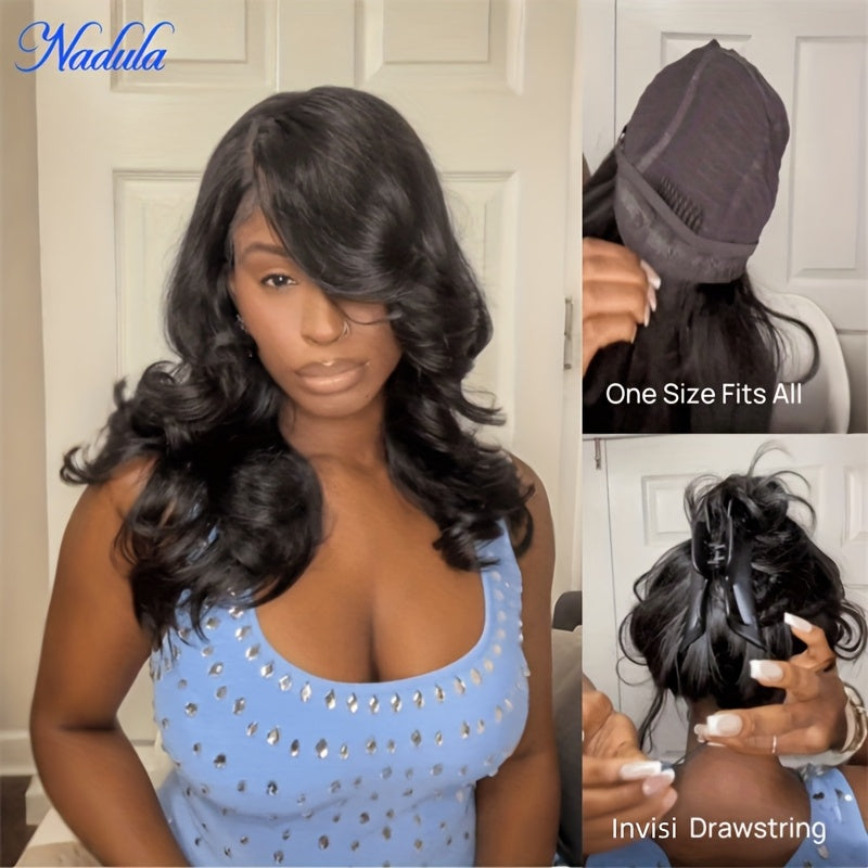 Nadula 7x5 Lace No Slip Wig Feathered Layer Side Part 200% Density Human Hair Glueless Wig with Invisible Drawstring Put On And Go Pre-Cut Lace Pre-bleached Knots Pre-Plucked Hairline