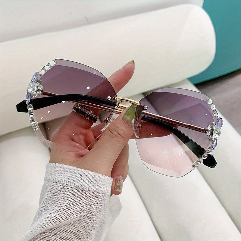 Women's Frameless Fashion Glasses with Sparkling Rhinestone Temples - Dark Purple Tinted Lenses, Stylish & Elegant Professional Design for Fashion, Fashion Eye Glasses, Highquality Eyewear, Designer Eyewear, Trendy Women