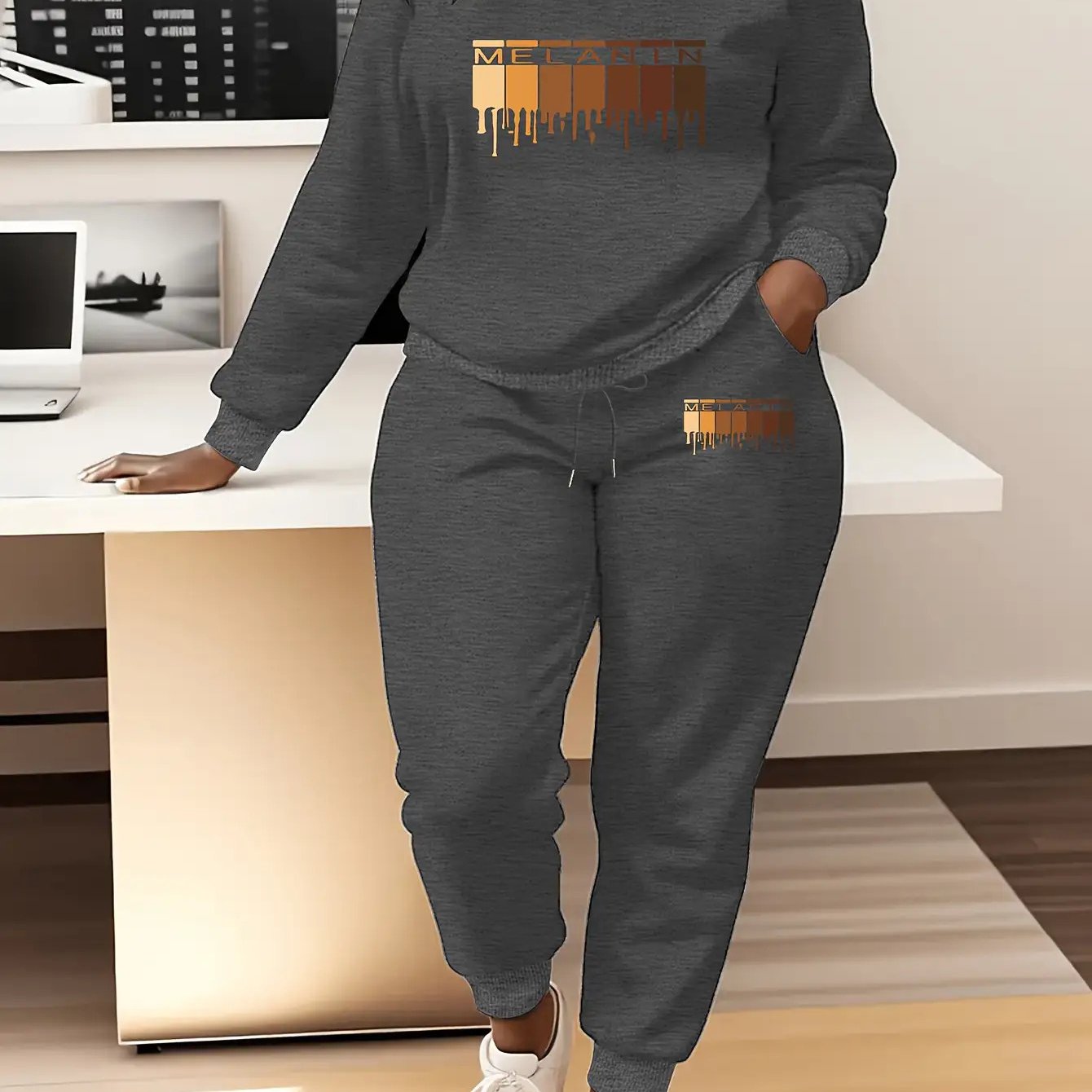 Women'S Plus Size Oversized Hoodie & Jogger Pants Set - Cozy Winter Warmth, Soft Round Neck Sweatsuit with Geometric Print, Full-Zip Hooded Jacket & Matching Pants, Casual Lounge Wear, Plus Size Friendly Comfortable Outfit fo