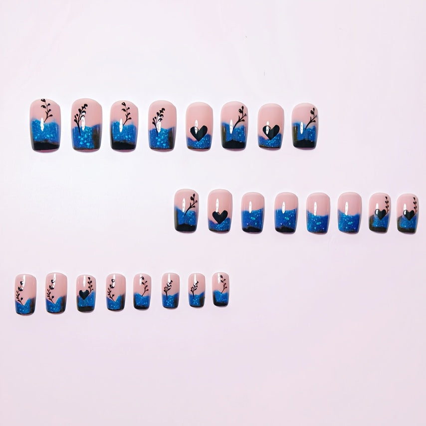 24pcs/48pcs Pink Blue Gradient Wind Pressing Fake Nail Set, Square Type A, with Black Hearts, Branches, And Glitter, Romantic And Fashionable, Including Jelly Glue And Nail Files, Suitable for Daily Use, The First Choice for