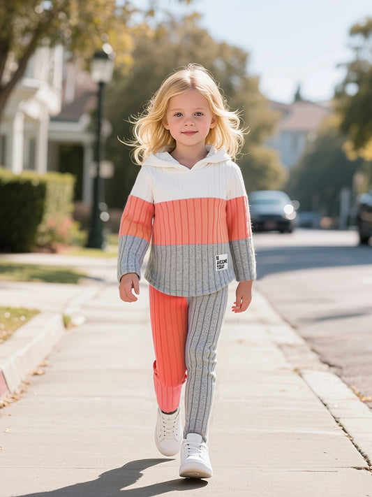 [Girls' Hoodie Set] 2pcs Girls' Pullover Hoodie Set | Long Sleeve, Color Block Patchwork, Lined Warm Knit Fabric | Autumn/Winter, Ages 1-8, Casual & Sports