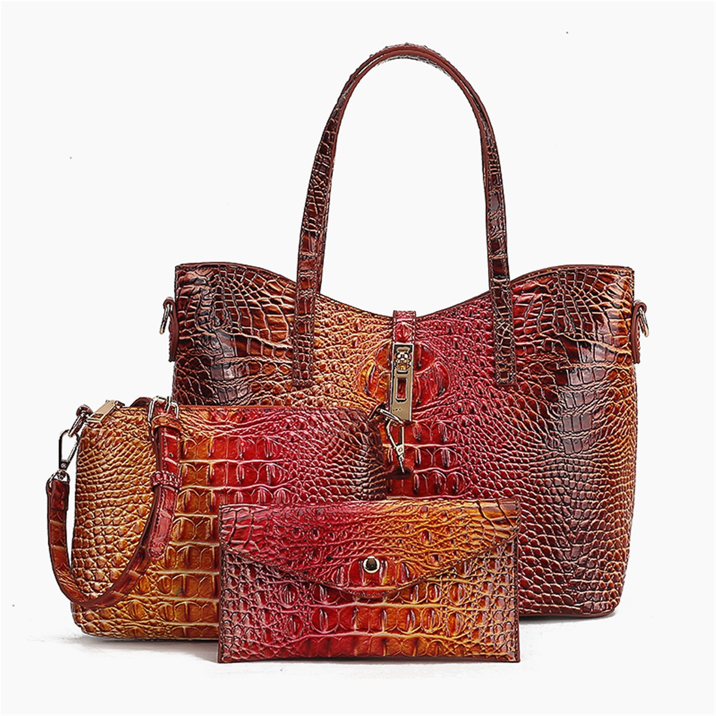 3pcs Set: Colorful Crocodile Pattern Large Capacity Faux Leather Tote & Crossbody Bags With Matching Wallet Combo, Christmas, Mother'S Day Gifts, Halloween Gifts