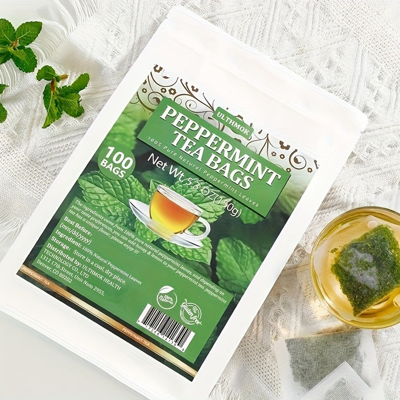 ULTHMOK High Quality Mint Tea Bags, 100 Tea Bags 1.5g/5.3 Ounces, 100% Pure Mint Tea, Naturally Additive Free, Caffeine Free.