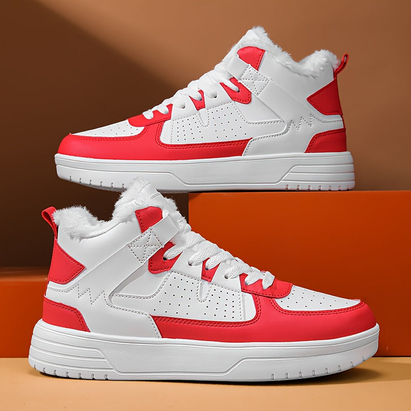 WANWEISI Men's Winter High-Top Thick-Sole Sneakers with Plush Fleece Lining - Heavy-Duty & MD Sole, Lace-Up Winter Boots for Hiking, Outdoor, Casual & Casual Attire - Warm Thermal Insulation, Cushioned Comfort, White/Black/Re