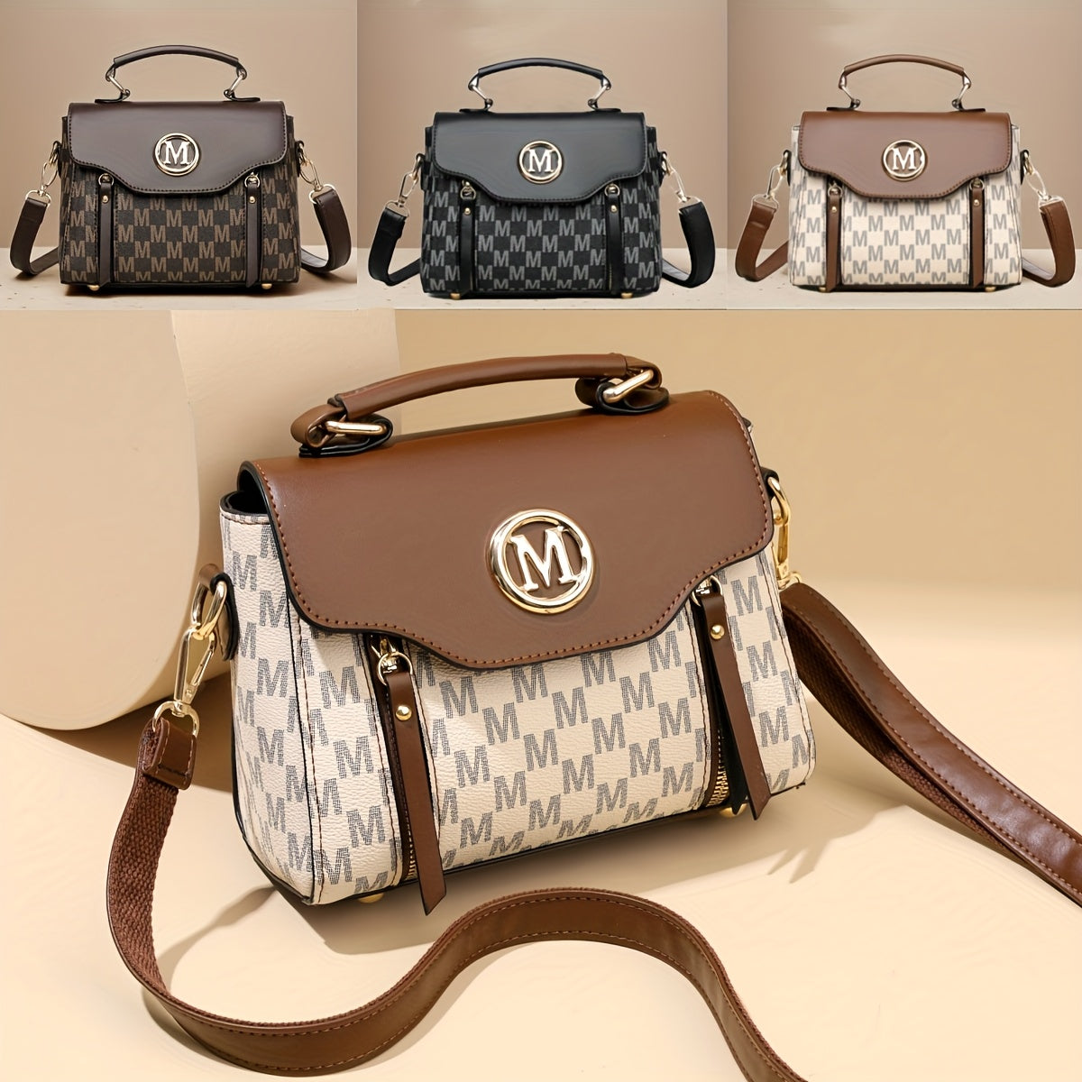 Vintage Geometric Women's Handbag - Large Capacity PU Shoulder Bag with Golden-Tone Hardware, Herringbone Pattern & Letter "M" Design, Detachable Strap, Perfect for Everyday Use (Light Brown/White/Black)