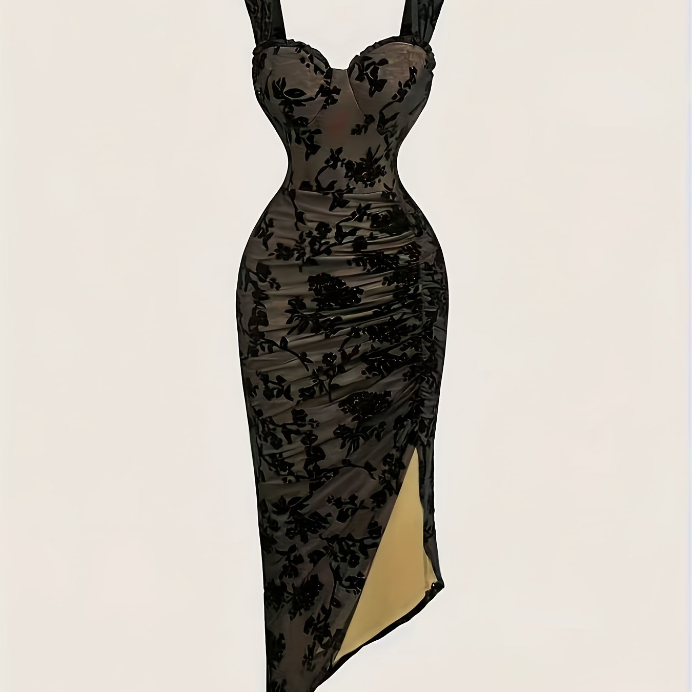 Plus Size - Plus Size Elegant Floral Velvet Mesh Slit Dress for Women, Black Back-To- Dress