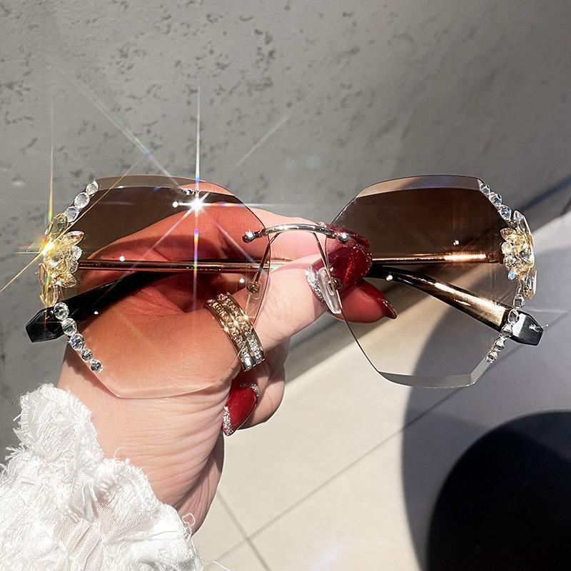 Women's Frameless Fashion Glasses with Sparkling Rhinestone Temples - Dark Purple Tinted Lenses, Stylish & Elegant Professional Design for Fashion, Fashion Eye Glasses, Highquality Eyewear, Designer Eyewear, Trendy Women