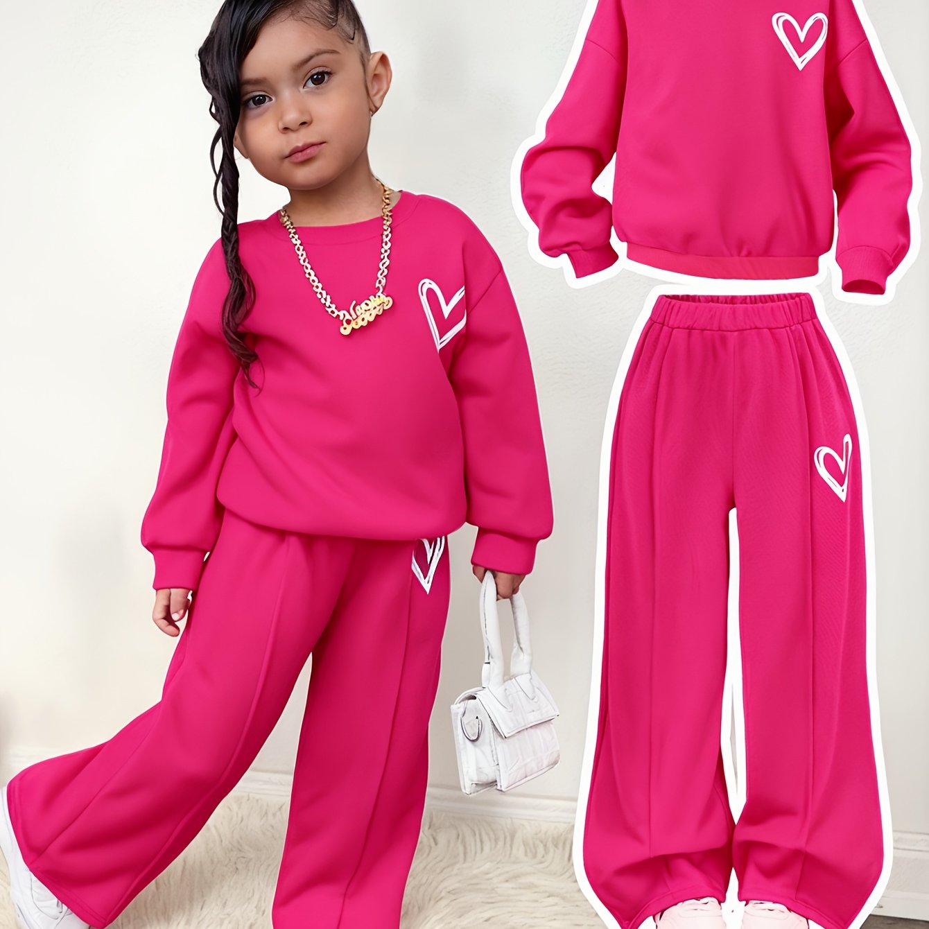 Girl'S Autumn and Winter Love Print Fleece Hoodie + Print Pants Two-Piece Set | Suitable for Outdoor Wear, Comfortable Fabric with Fleece Insulation, Casual Style, Regular Fit, Ideal Gift for Children.