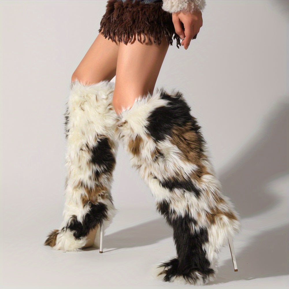 Women'S Faux Fur Knee-High Boots with Kitten Heel - Furry Fluffy Pointed Toe Winter Comfy Plush Warm Boots