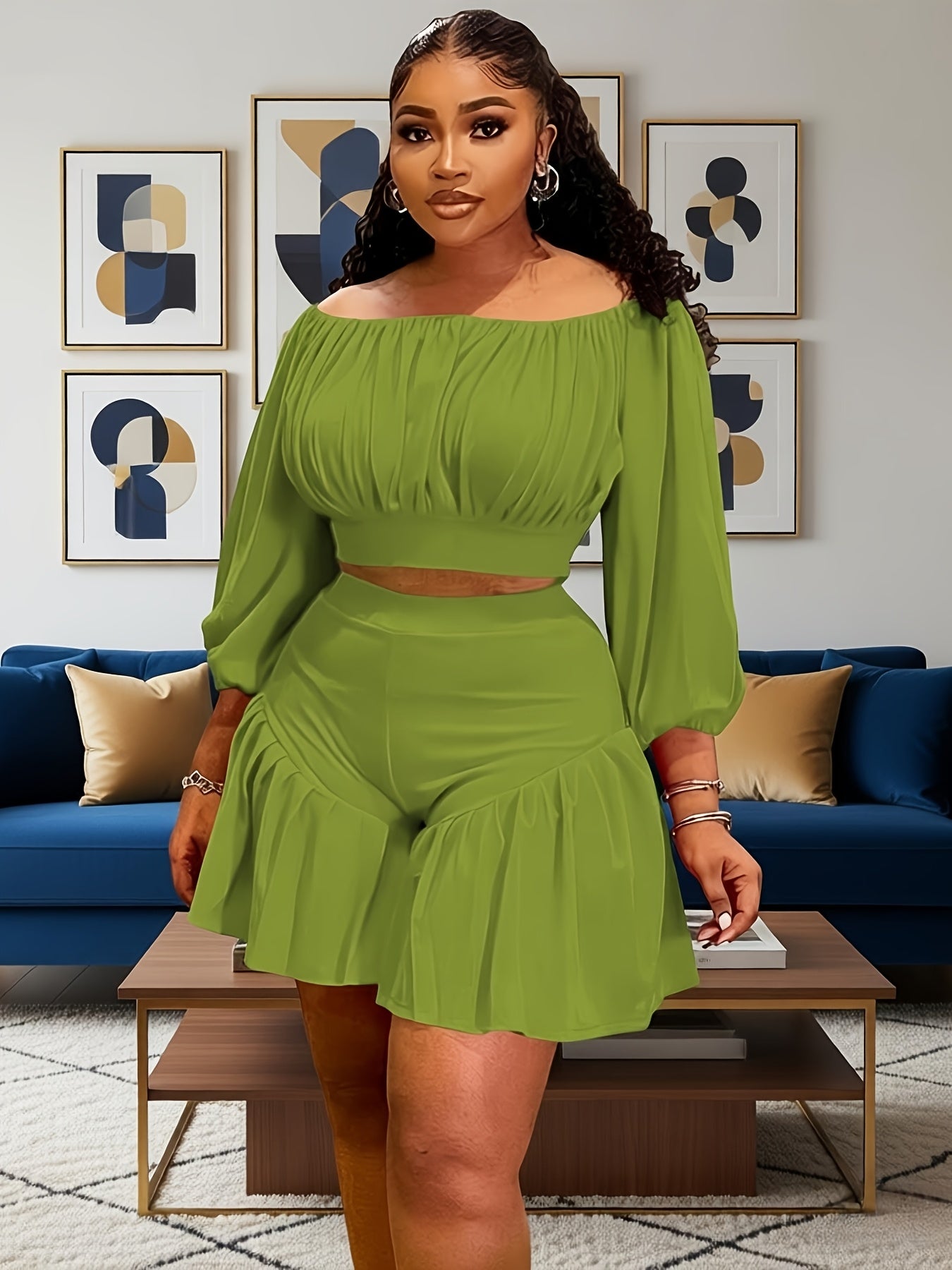 Plus Size - Plus Size - New Fluffy Waist-Cinching Casual Two-Piece Set with Pleated One Neck Design