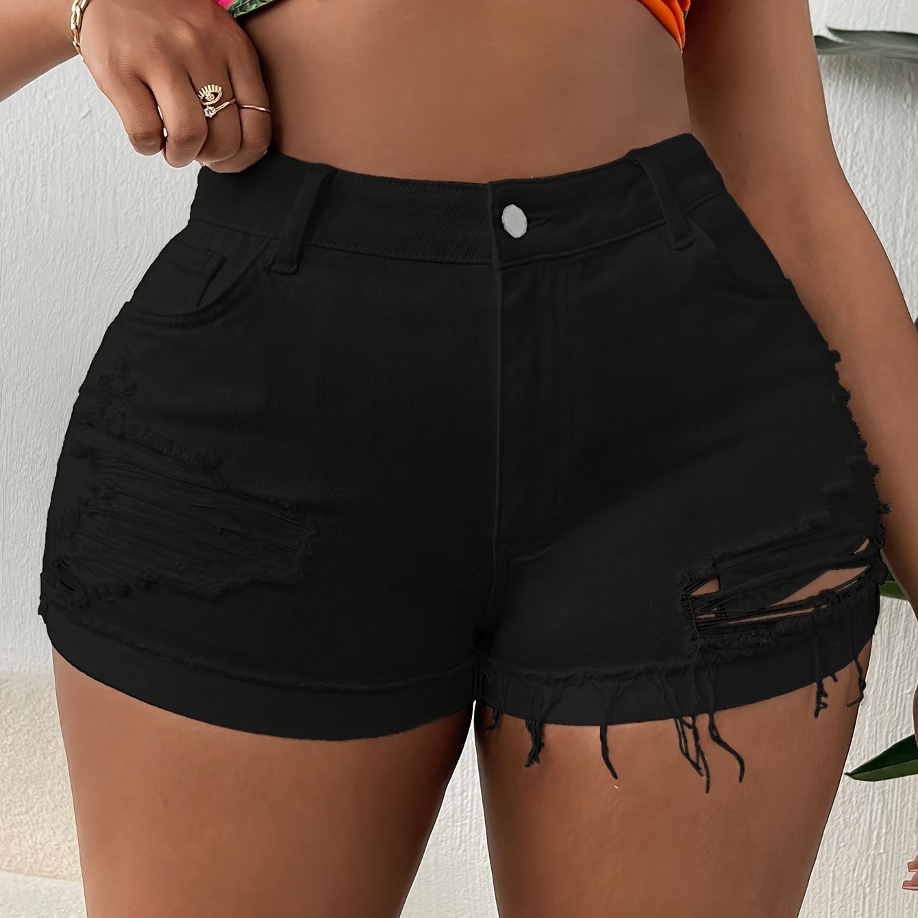 Women Plus Size High Waisted Skinny Stretchy Denim Shorts Casual Summer Frayed Raw Hem Distressed Ripped Short Jeans