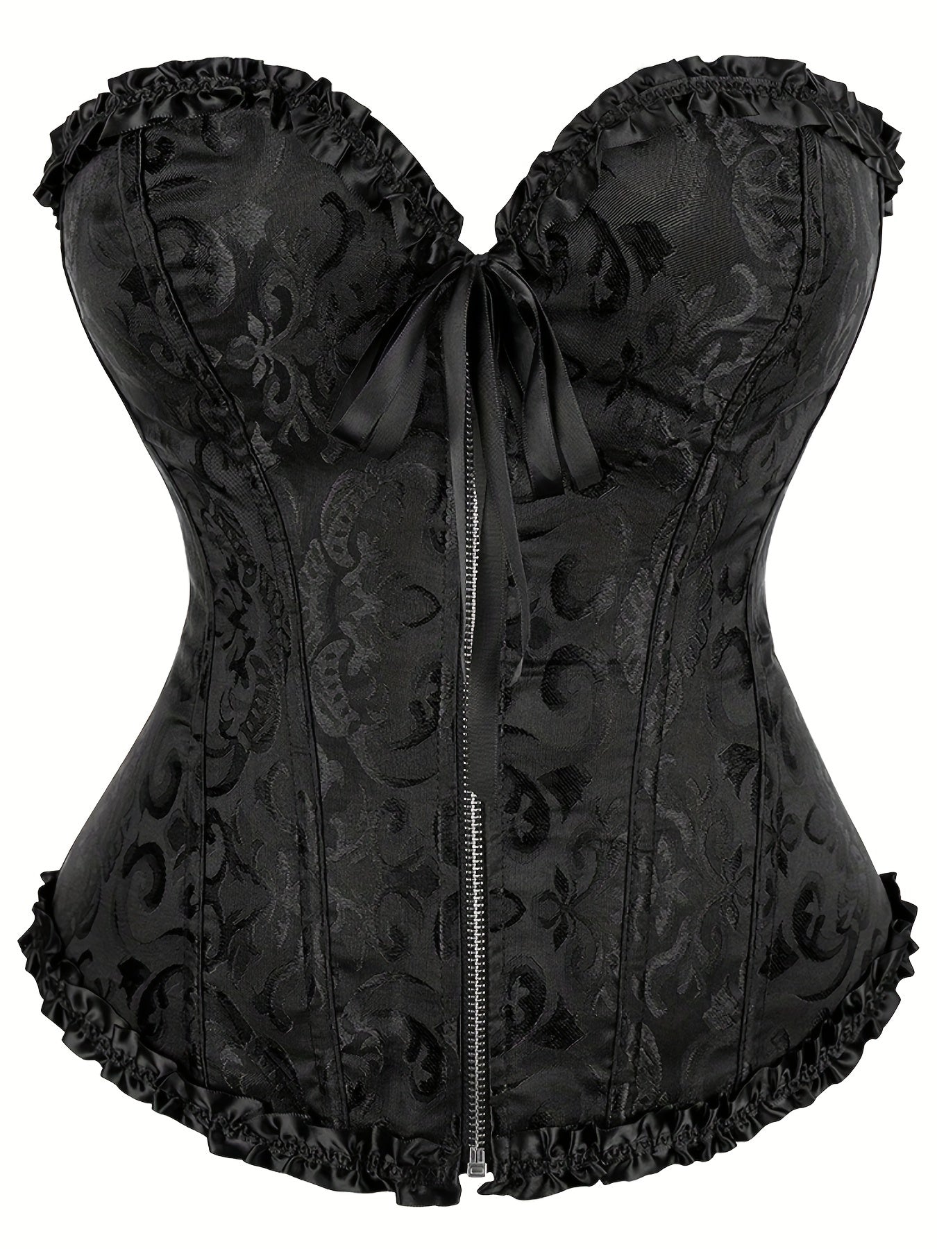 Plus Size Music Festival Elegant Corset, Women's Plus Zipper Frill Trim Lace Up Waist Training Tummy Control Wedding Shapewear