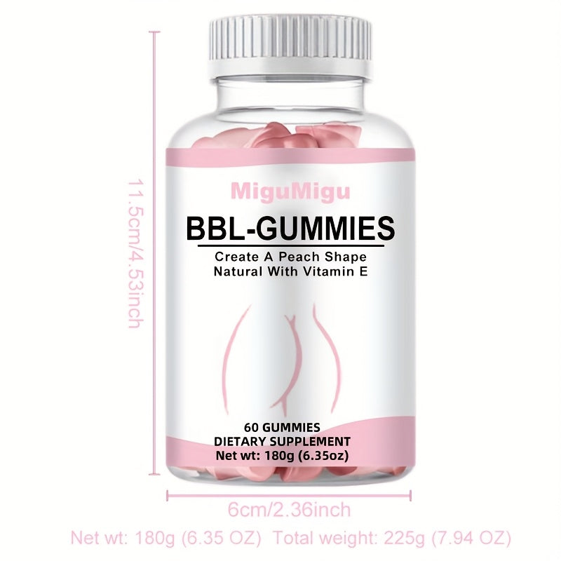 60pcs MIGUIGI BBL-GUMMIES Peach-Shaped Vitamin E Supplement Gummies for Women - Firming & Lifting, Fuller, Smoother Buttocks, Multi-Vitamin Enriched, BPA-Free, Delicious 30-Day Supply, Curve Enhancement|Peachshaped Gummies|Ta