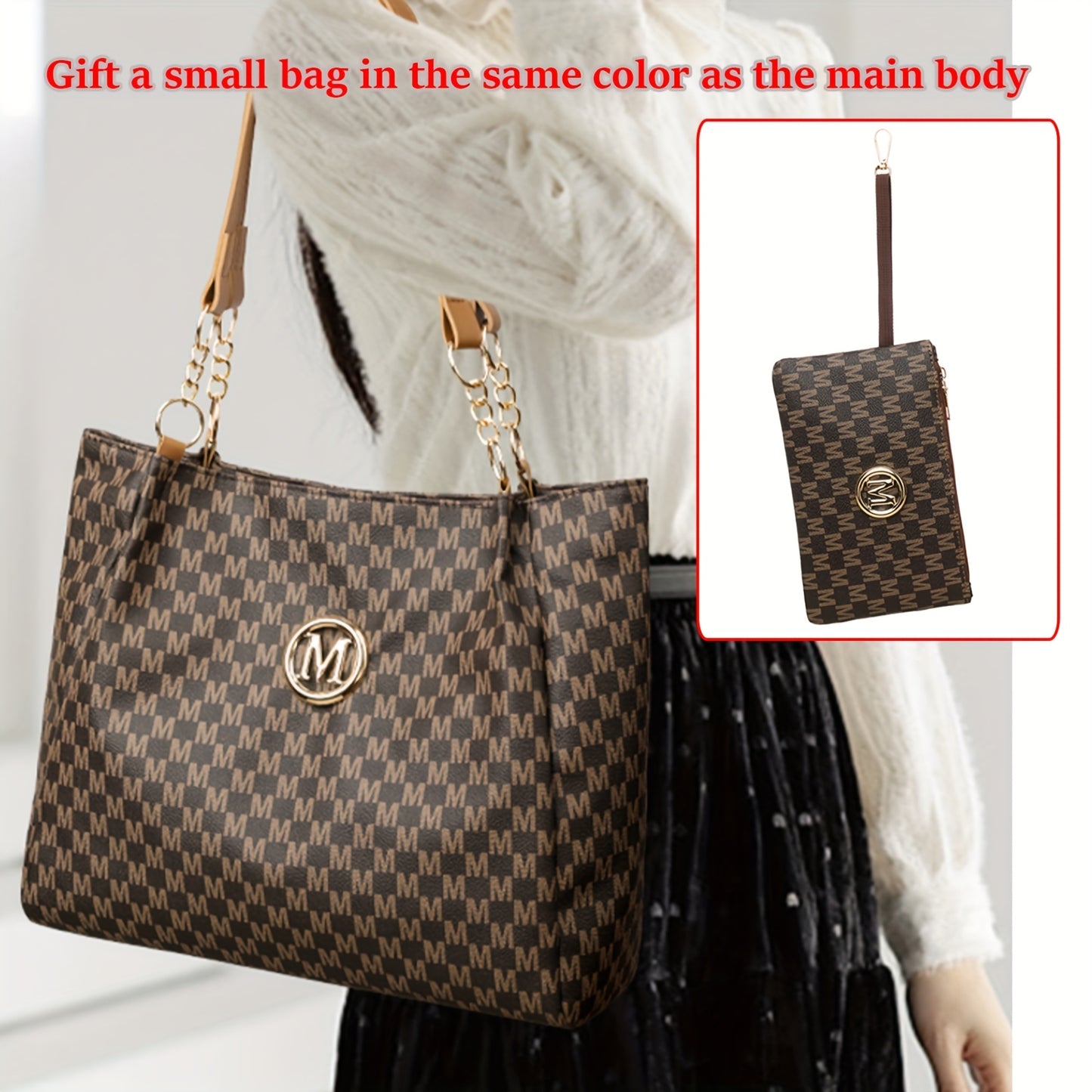 Perfect Lily "M" Logo Tote Bag - Elegant Black & White Checkered Shoulder Bag with Golden Hardware, Large Capacity for Daily Commute, Shopping, Travel - Ideal Gift for Women, Commute Bag|Checkered Pattern Bag|Durable Zippers,