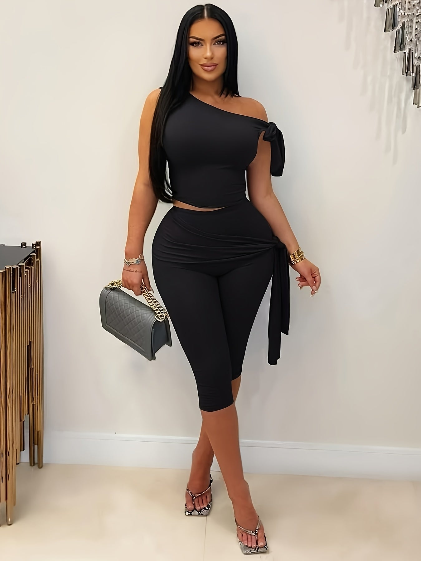 Plus Size - Fashion One-shoulder Strap Two-piece Suit Women'S High Waist Strap Leggings Casual Suit