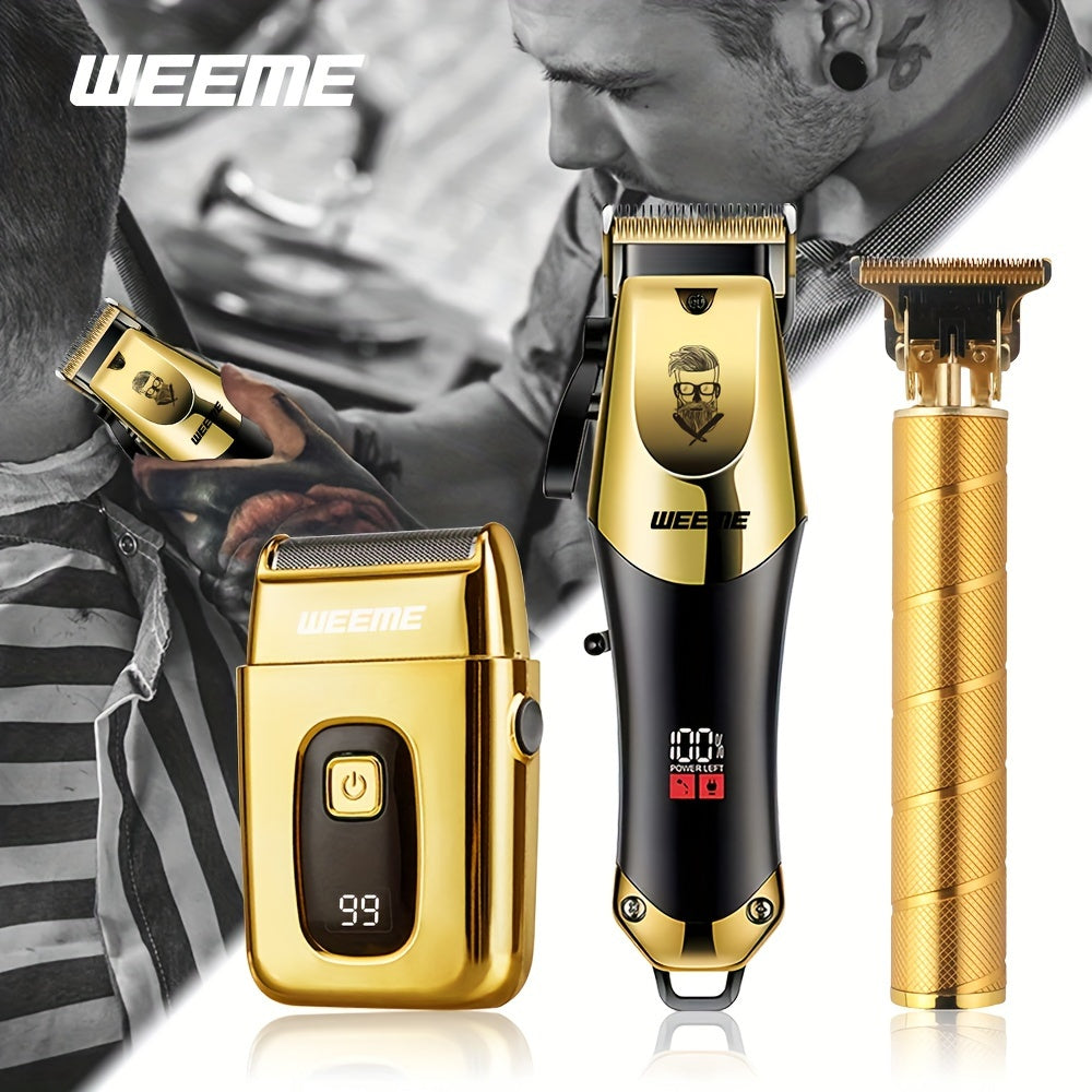Men's Grooming Kit 3pcs Set, Golden Balck Hair Clippers with LCD Display, USB Rechargeable, 8 Guide Combs, Trimmer And Shaver, with Cleaning Brushes And Comb, Gift for Men