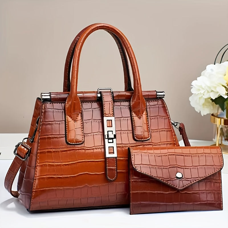 The New Women'S Bag 2025 Fashion Bright Faux Leather Crocodile Print Senior Large Capacity Single Shoulder Crossbody Handbag Two-piece Set