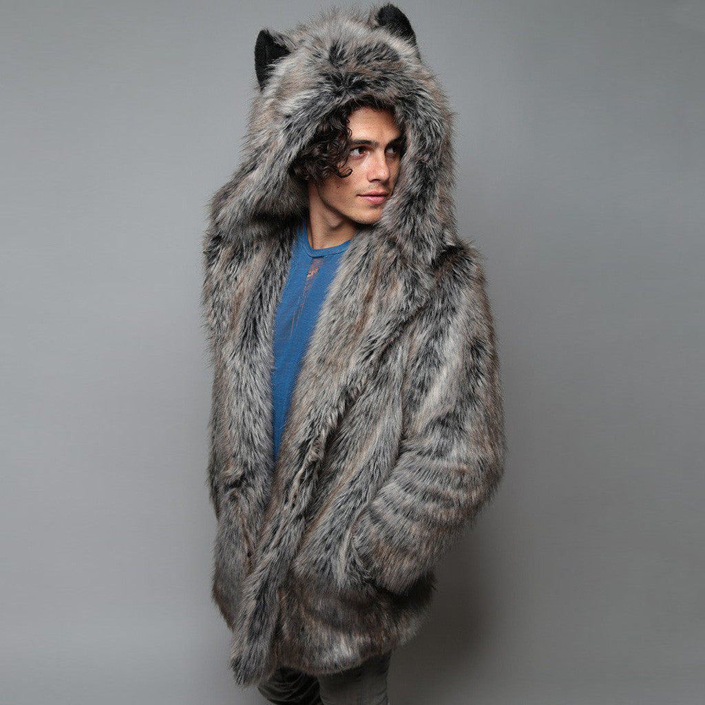 New European and American Style Faux Fur Coat for Men Winter Casual Warm Mink Fur Long Coat with Hood