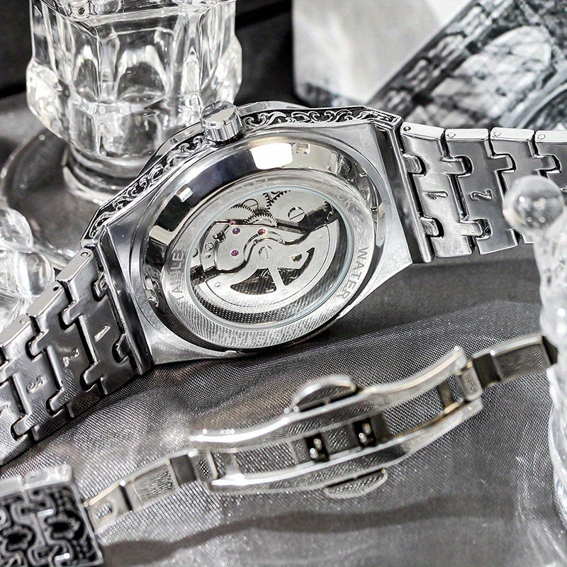 [1pc Silvery Steel Watch] 1pc Men's Silvery Steel Retro Polygonal Dragon Shape Tourbillon Automatic Hollow Mechanical Watch