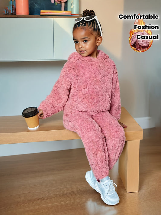 Fashionable Plush Hoodie Set, Warm Winter Sweatshirt And Pants Set, Girls' 2pcs Set, Fashionable Pullover Top & Pants Set, Cold Weather Clothing, Seasonal Outfit, Casual Fashion, Stylish Wear, Comfortable Material, Plush Fabr