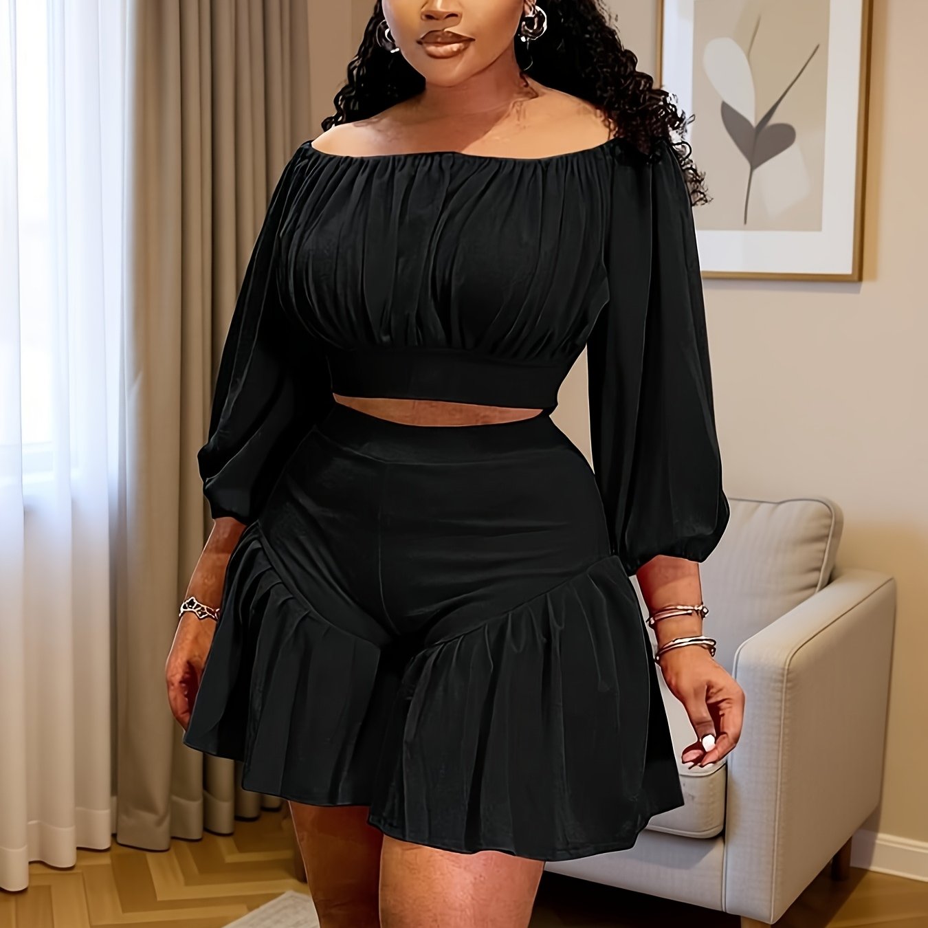 Plus Size - Plus Size - New Fluffy Waist-Cinching Casual Two-Piece Set with Pleated One Neck Design