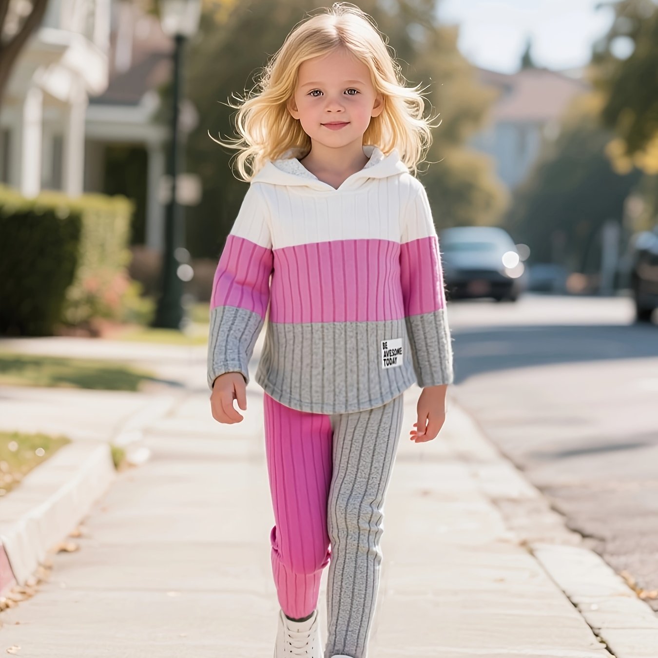 [Girls' Hoodie Set] 2pcs Girls' Pullover Hoodie Set | Long Sleeve, Color Block Patchwork, Lined Warm Knit Fabric | Autumn/Winter, Ages 1-8, Casual & Sports