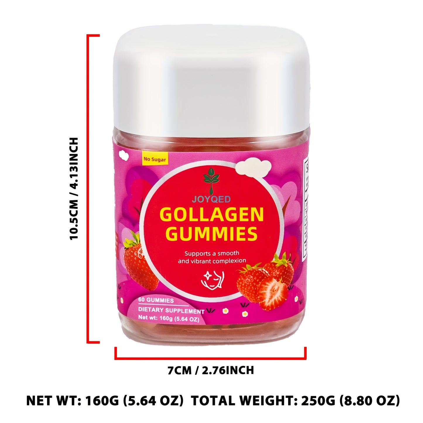 Joyofed Strawberry Flavored Collagen Gummies for Women - Sugar-Free, Vitamin-Rich, Hydrating Formula for Smooth, Radiant Skin, 60 Count (30-Day Supply), BPA & Soy-Free, Natural Ingredients for Healthy Glow