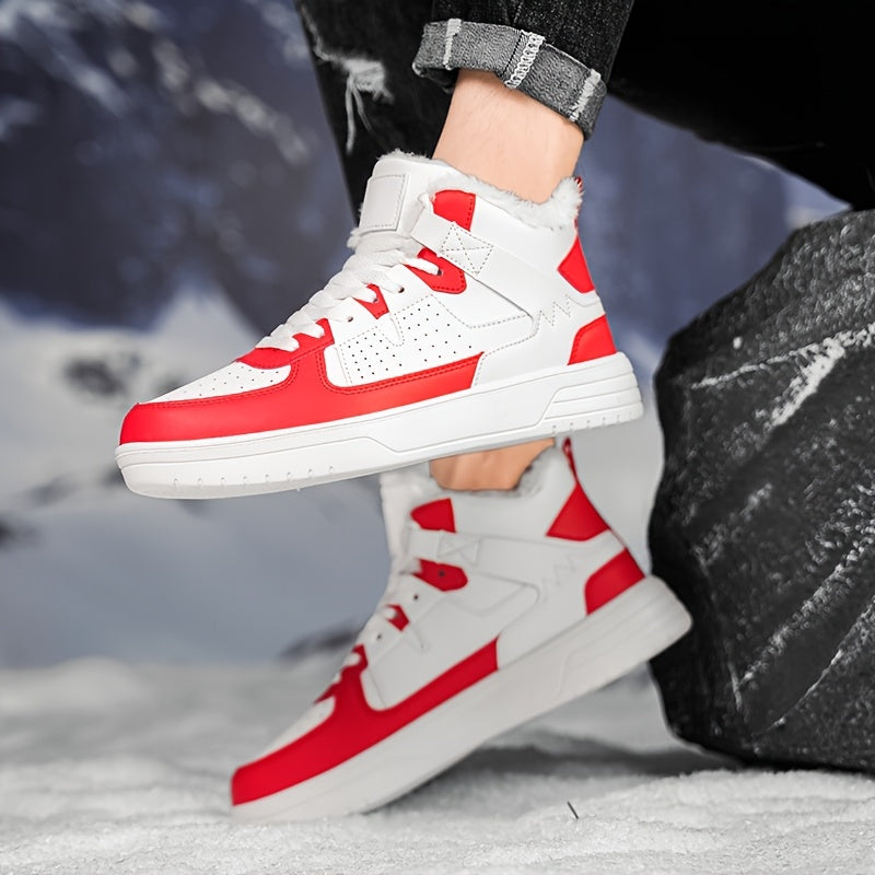 WANWEISI Men's Winter High-Top Thick-Sole Sneakers with Plush Fleece Lining - Heavy-Duty & MD Sole, Lace-Up Winter Boots for Hiking, Outdoor, Casual & Casual Attire - Warm Thermal Insulation, Cushioned Comfort, White/Black/Re