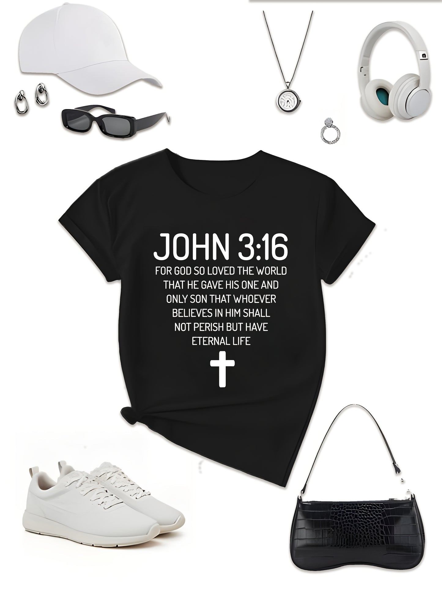 Plus Size - Plus Size Women'S "John 3 16 Bible Verse Scripture Christians" Print Summer T-Shirt | Soft Breathable Fabric | Casual Short Sleeve Round Neck Tee | Summer Vacation Clothing | Size 0XL-5XL - Coral - Black - Rose Re