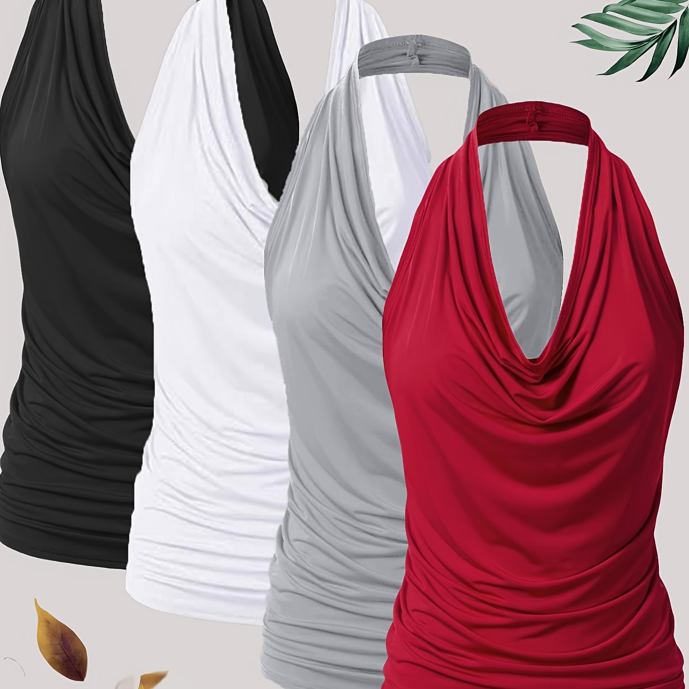 New Fashion Women'S Casual Solid Color Halter Neck Large Size Vest Four-piece Set