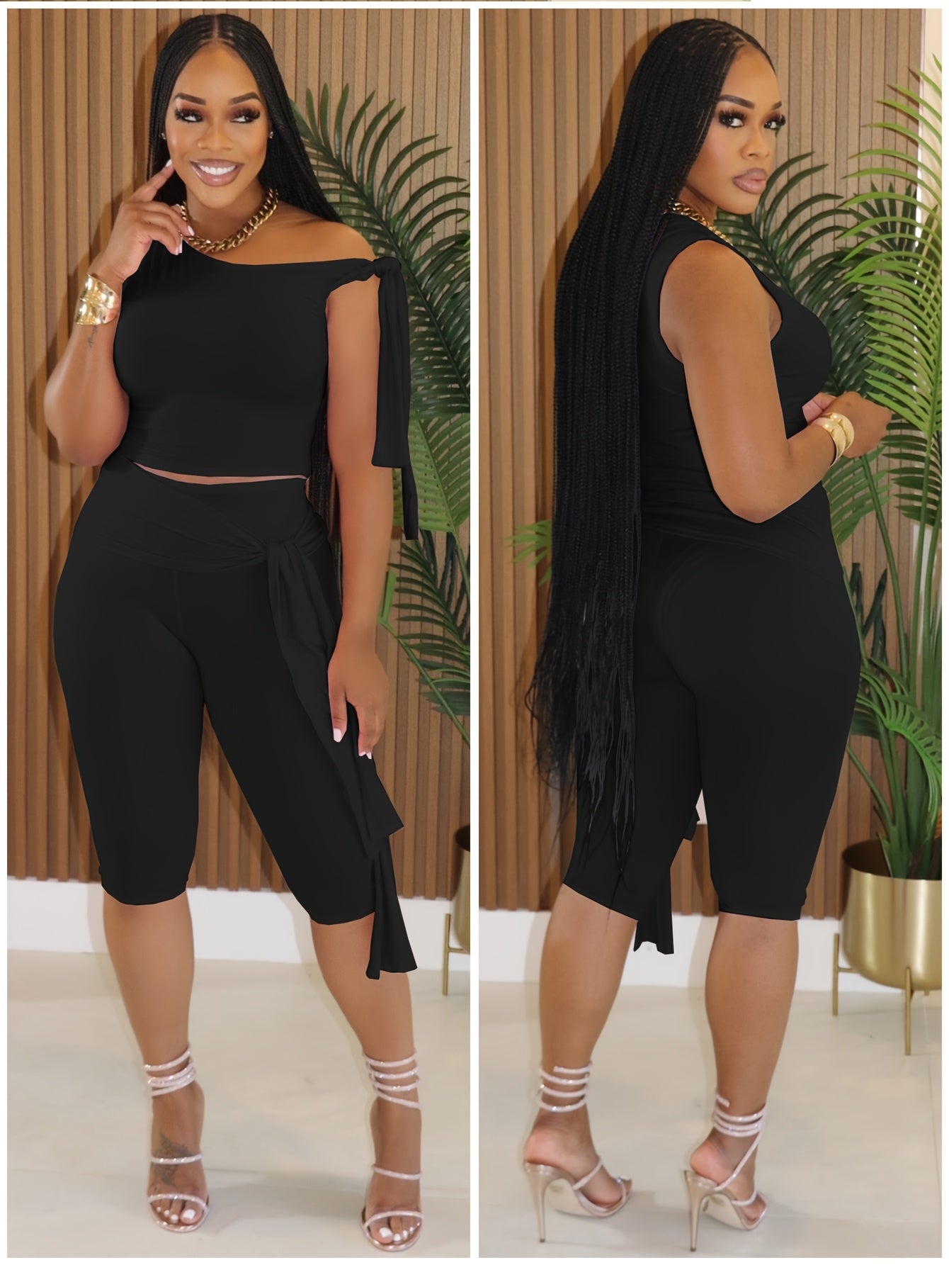 Plus Size - Fashion One-shoulder Strap Two-piece Suit Women'S High Waist Strap Leggings Casual Suit