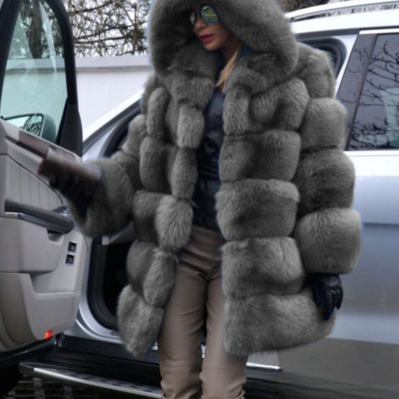 Plus Size, HERTALK Women's Plus Size Pink Faux Fox Fur Coat - Hooded Winter Jacket with Collar, H-Line Silhouette & Full-Length Hem Slit - Luxurious Imitation Fur Outerwear (Pink/) - Machine Washable