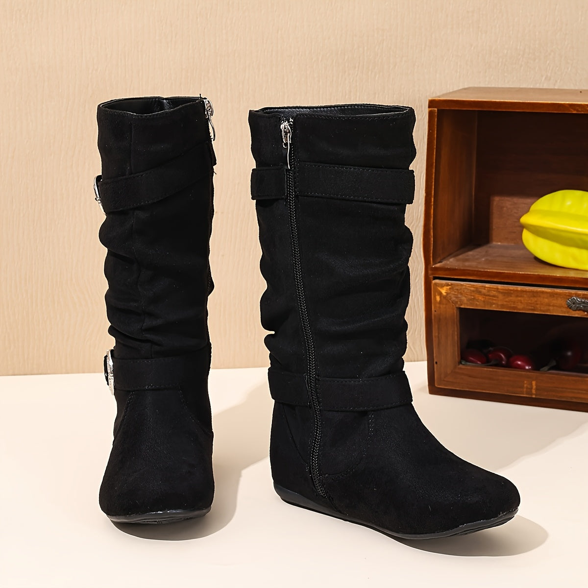 Girls' Pleated Mid-Calf Boots with Fringe & Buckle - All-Season Zipper Closure Round Toe School Shoes, Soft TPR Sole & Fabric, Cute Brown/Black Casual Boots for Kids ( to Teen) - Comfortable Everyday Boots