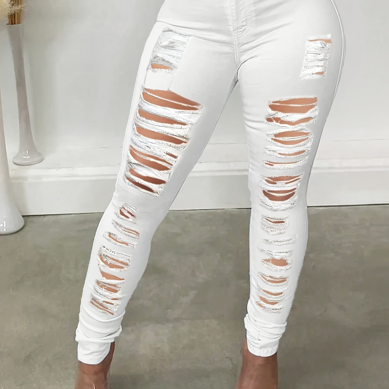 Ladies' Ripped Denim Pants - Fashionable, Practical, Elastic Leggings with Zipper Design | Daily Wear