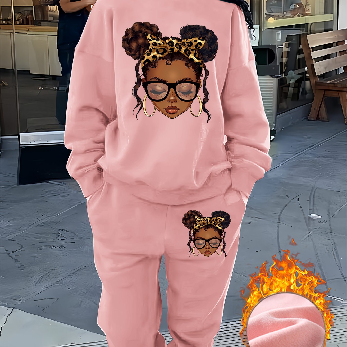 Graphic Print Two Piece Set, Crew Neck Sweatshirt & Pants, Women's Clothing