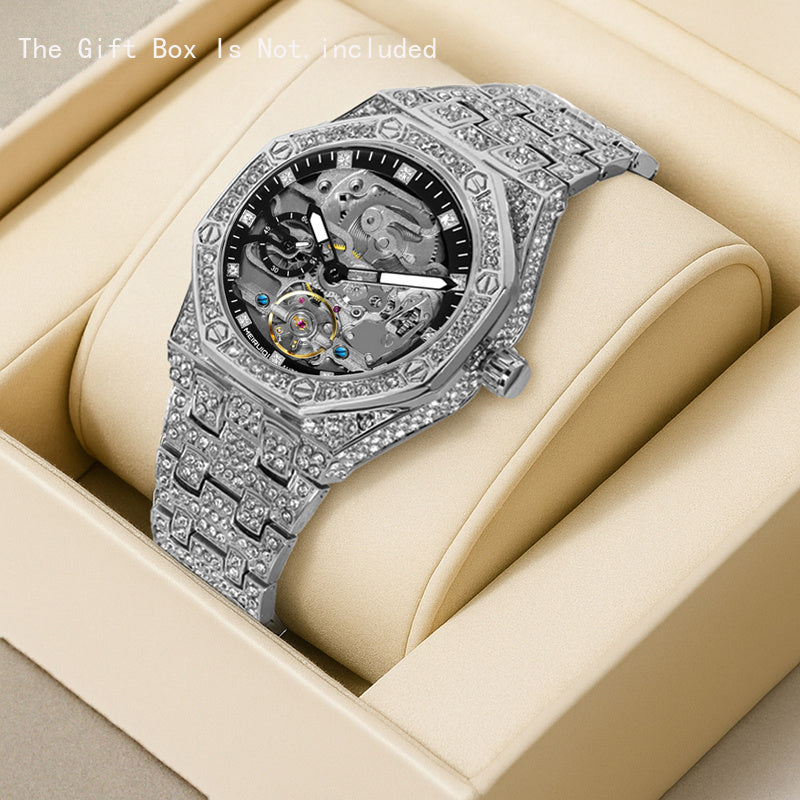 1pc Men'S Luxury Starry Sky Tourbillon Automatic Mechanical Watch with Golden-Tone & Starry Night - Self-Winding Mechanical Movement, 40mm Large Face, Without Battery