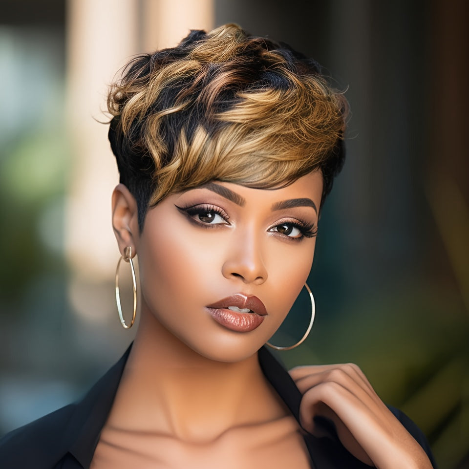 Women'S Remy Peruvian Human Hair Wig with Bangs - Layered Short Straight Pixie Cut, Natural Brown Balayage Highlights (1B/30#), Density Full Head