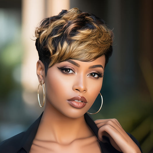 Women'S Remy Peruvian Human Hair Wig with Bangs - Layered Short Straight Pixie Cut, Natural Brown Balayage Highlights (1B/30#), Density Full Head