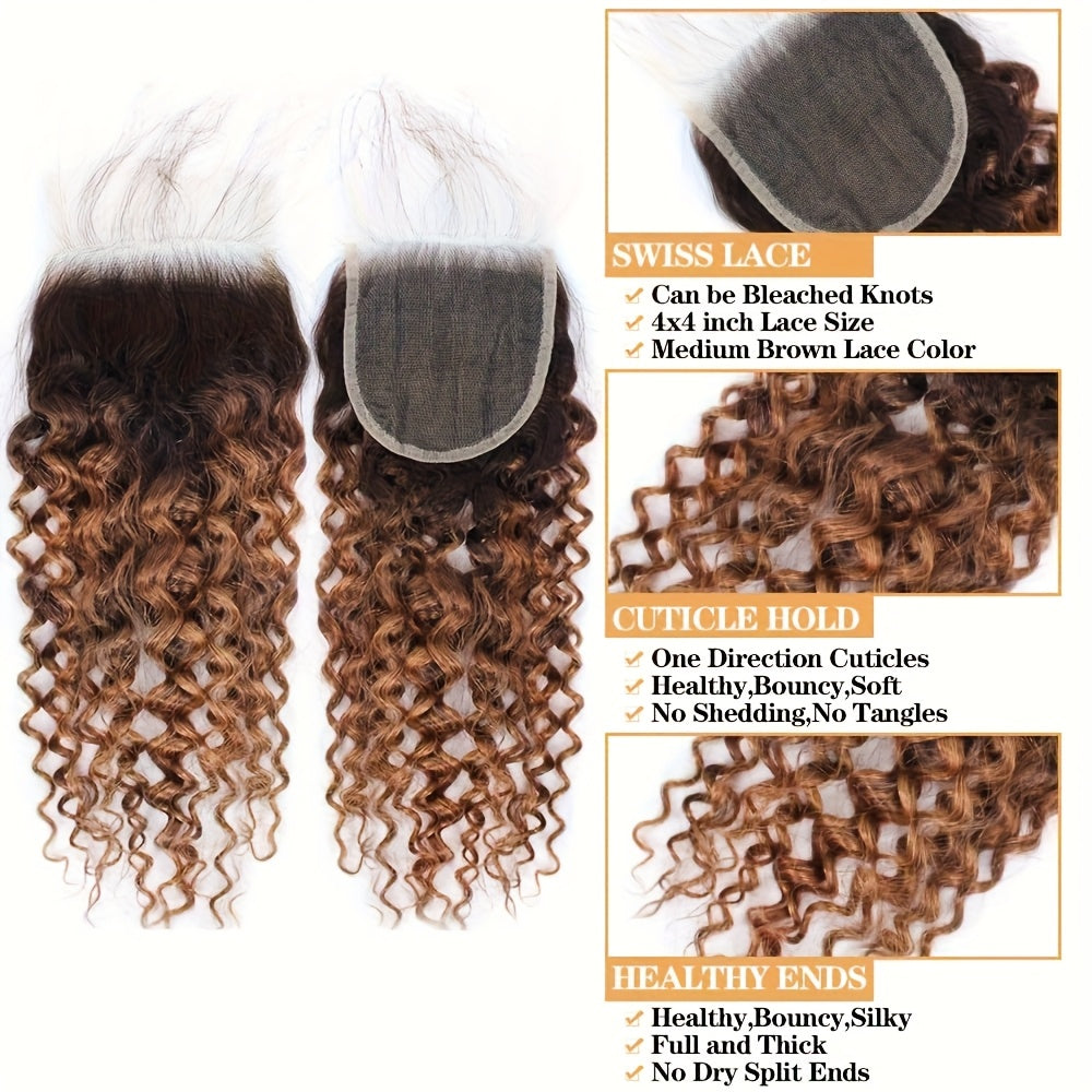 3 Bundles Brazilian Virgin 100% Unprocessed Human Hair Extensions - 4x4 Lace Closure, Ombre Color (T4/30 Medium Brown/Reddish Brown), Curly Wave Texture for Women, All Ethnicities, Natural Look & Versatile Styling, Realistic