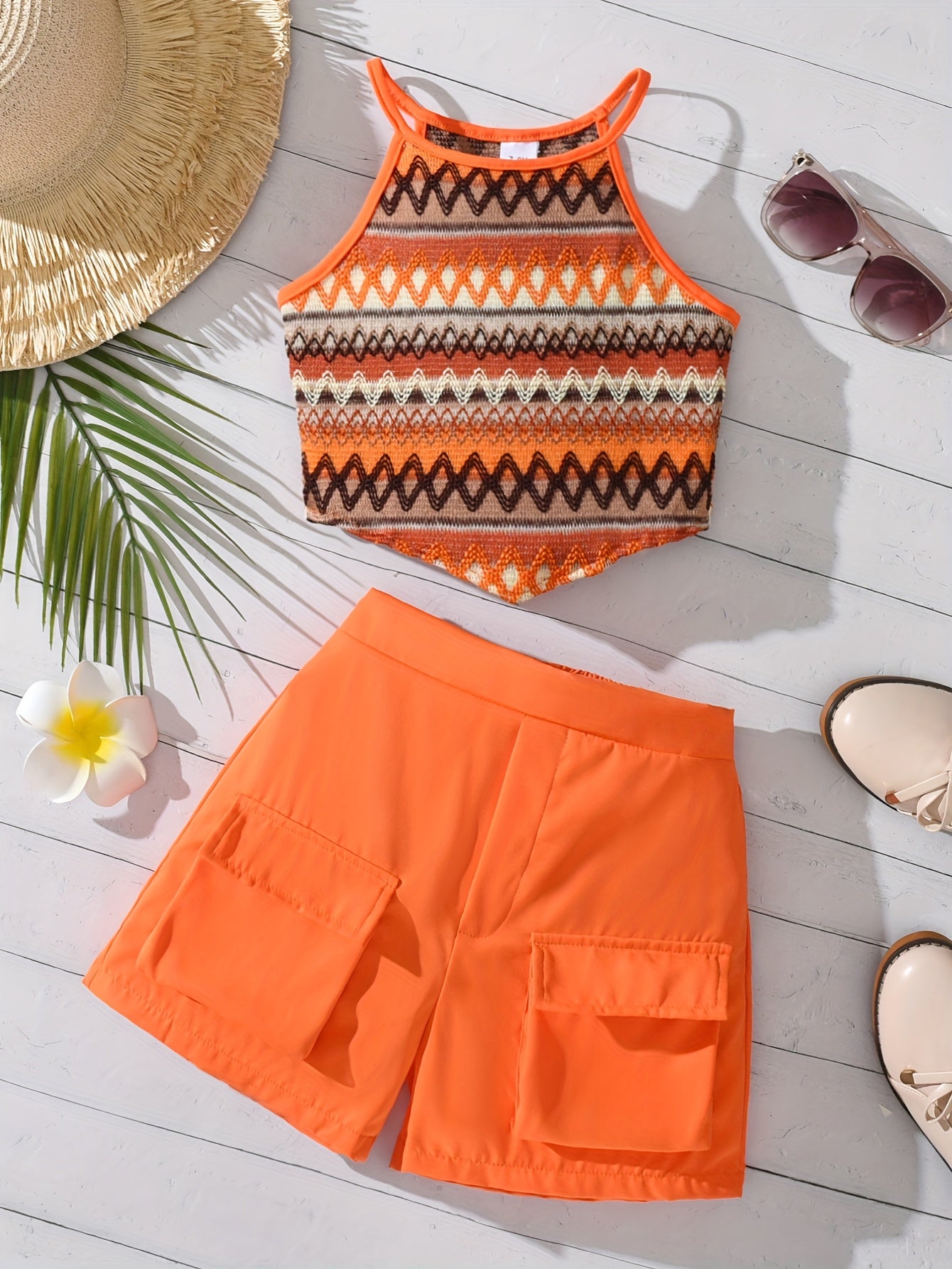 Tropical Chic] Tropical Print Tank Top & Cargo Shorts Set - Off-Shoulder, Asymmetrical Hem, Stretchy Blend, Vibrant Summer Outfit for Women, Vacation Clothing | Asymmetrical Hem Top | Textur, for Outdoor