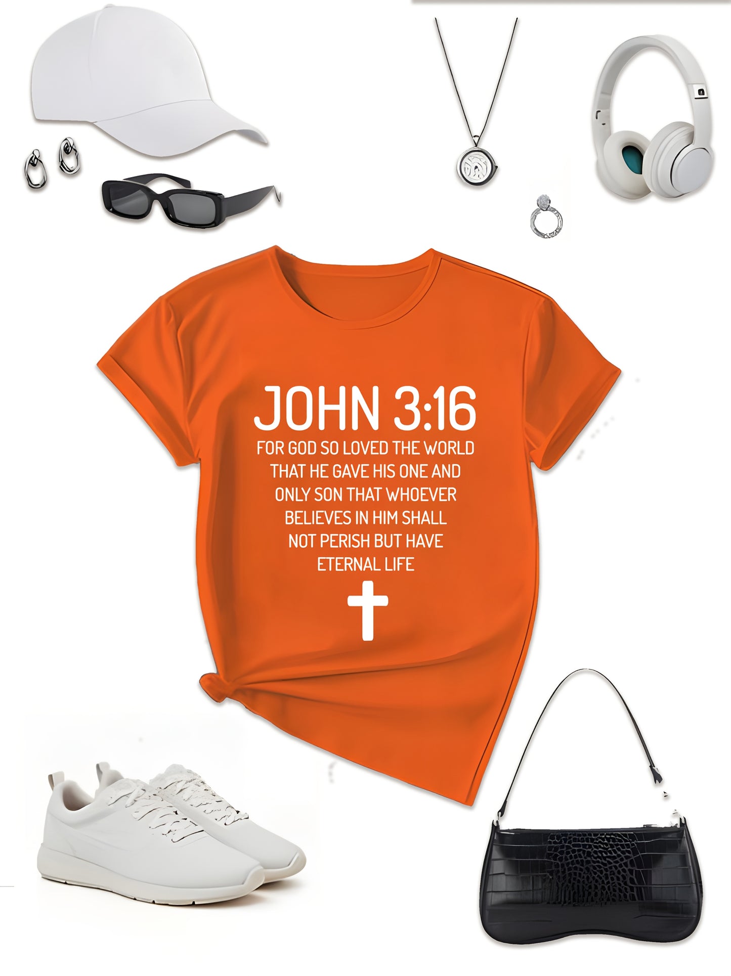Plus Size - Plus Size Women'S "John 3 16 Bible Verse Scripture Christians" Print Summer T-Shirt | Soft Breathable Fabric | Casual Short Sleeve Round Neck Tee | Summer Vacation Clothing | Size 0XL-5XL - Coral - Black - Rose Re