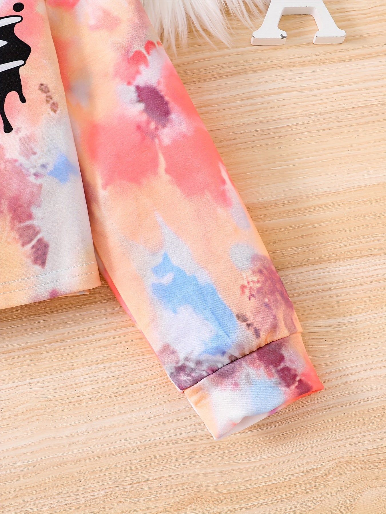 2pcs Girls' Fashionable Spring/Autumn Outfit - "SUNSHINE" Letter Print Tie-Dye Long Sleeve Top & Faux Ripped Print Elastic Waist Pants Set, Breathable Comfortable Casual Streetwear for Youngsters & Teens, Spring Fashion, Vibr