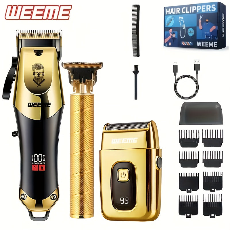 Men's Grooming Kit 3pcs Set, Golden Balck Hair Clippers with LCD Display, USB Rechargeable, 8 Guide Combs, Trimmer And Shaver, with Cleaning Brushes And Comb, Gift for Men